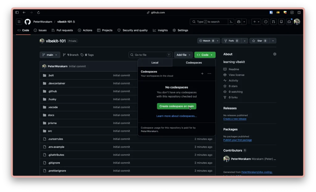 สร้าง Codespace จาก vibekit-101