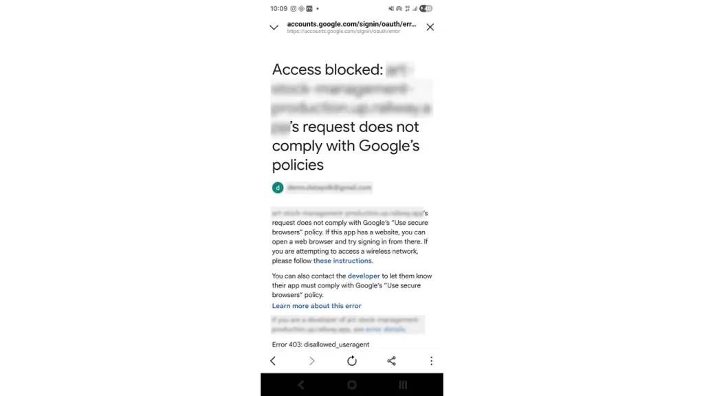 ตัวอย่างปัญหา Error 403: disallowed_useragent 